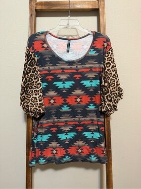 Scoop Neck Aztec Tunic with Leopard Sleeve Contrast - Black/Red/Turquoise